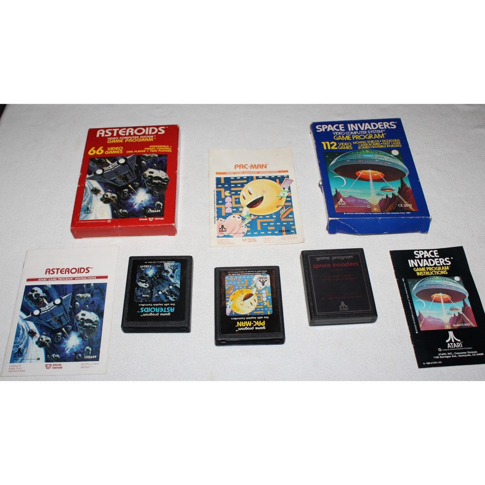 vintage Atari 2600 video games lot of 3 Asteroids Space Invaders Pac-Man boxes
